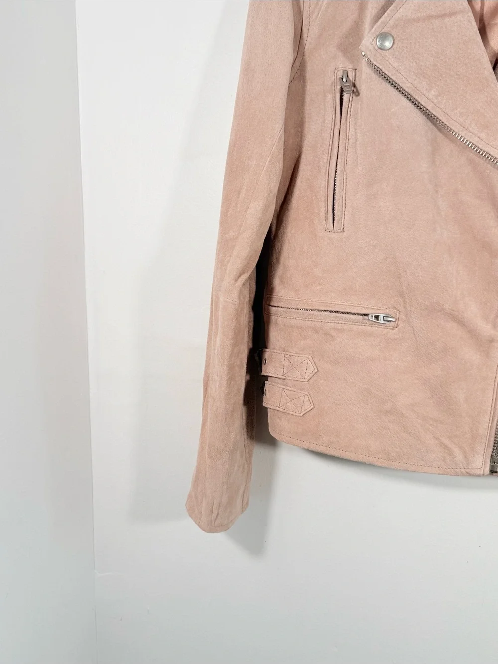 BlankNYC Blush Desert Pink 100% Genuine Suede Leather Cropped Moto Jacket Small
